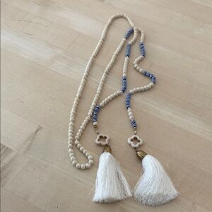 Beaded Cream and Blue Necklace with Tassels